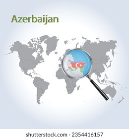 Magnified map of Azerbaijan with the flag of Azerbaijan, enlargement of maps, Vector Art