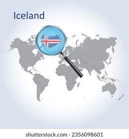 Magnified map of Iceland with the flag of Iceland, enlargement of maps, Vector Art