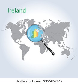 Magnified map of Ireland with the flag of Ireland, enlargement of maps, Vector Art