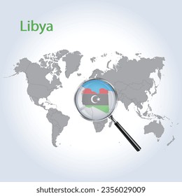 Magnified map of Libya with the flag of Libya, enlargement of maps, Vector Art