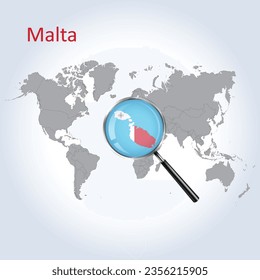 Magnified map Malta with the flag of Malta enlargement of maps, Vector Art