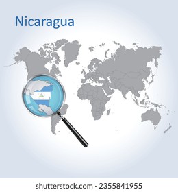 Magnified map of Nicaragua with the flag of Nicaragua, enlargement of maps, Vector Art