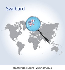 Magnified map of Svalbard with the flag of Svalbard, an enlargement of the map, Vector art