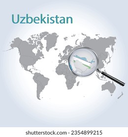Magnified map of Uzbekistan with the flag of Uzbekistan, enlargement of maps, Vector Art