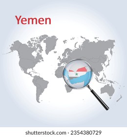 
Magnified map of Yemen with the flag of Yemen, enlargement of maps, Vector art