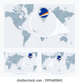 Islas Marshall ampliadas por Mapa del Mundo, 3 versiones del Mapa Mundial con bandera y mapa de las Islas Marshall. Ilustración vectorial.
