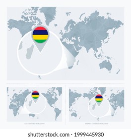 Magnified Mauritius over Map of the World, 3 versions of the World Map with flag and map of Mauritius. Vector Illustration.