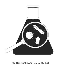 Magnified microorganisms in flask with water black and white 2D line object. Microbiological research, lab experiment glassware isolated clip art vector outline item. Monochromatic spot illustration