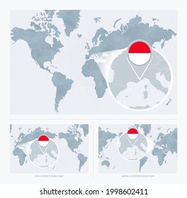 Magnified Monaco over Map of the World, 3 versions of the World Map with flag and map of Monaco. Vector Illustration.