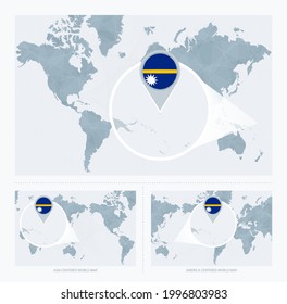 Nauru magnificado sobre el Mapa del Mundo, 3 versiones del Mapa Mundial con bandera y mapa de Nauru. Ilustración vectorial.