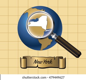Magnified New York State Map on Globe Vector Illustration