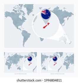 Magnified New Zealand over Map of the World, 3 versions of the World Map with flag and map of New Zealand. Vector Illustration.