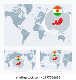 Magnified Niger over Map of the World, 3 versions of the World Map with flag and map of Niger. Vector Illustration.