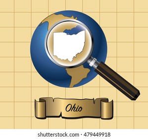 Magnified Ohio State Map on Globe Vector Illustration
