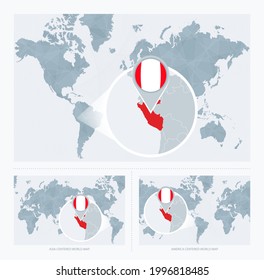 Magnified Peru over Map of the World, 3 versions of the World Map with flag and map of Peru. Vector Illustration.