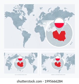 Magnified Poland over Map of the World, 3 versions of the World Map with flag and map of Poland. Vector Illustration.