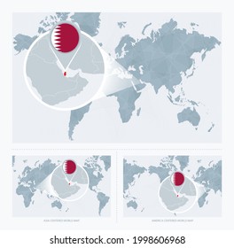 Magnified Qatar over Map of the World, 3 versions of the World Map with flag and map of Qatar. Vector Illustration. svg