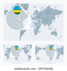 Ruanda ampliada por el Mapa del Mundo, 3 versiones del Mapa Mundial con bandera y mapa de Ruanda. Ilustración vectorial.