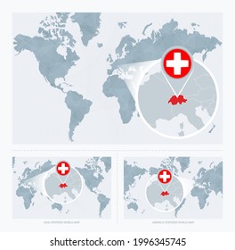 Veränderte Schweiz über Karte der Welt, 3 Versionen der Weltkarte mit Flagge und Karte der Schweiz. Vektorgrafik.