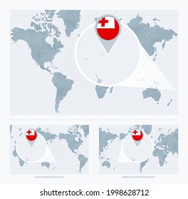 Magnified Tonga over Map of the World, 3 versions of the World Map with flag and map of Tonga. Vector Illustration.