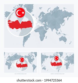 Magnified Turkey over Map of the World, 3 versions of the World Map with flag and map of Turkey. Vector Illustration.