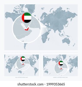 Magnified United Arab Emirates over Map of the World, 3 versions of the World Map with flag and map of United Arab Emirates. Vector Illustration.