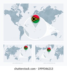 Magnified Vanuatu over Map of the World, 3 versions of the World Map with flag and map of Vanuatu. Vector Illustration.