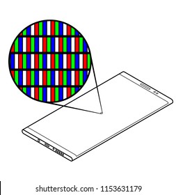 Magnified view showing subpixel arrangement on a cellular/mobile phone screen. Geometry: RGBW stripes.