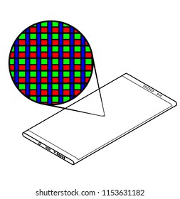 Magnified view showing subpixel arrangement on a cellular/mobile phone screen. Geometry: RGB tile with large RG and B stripe.