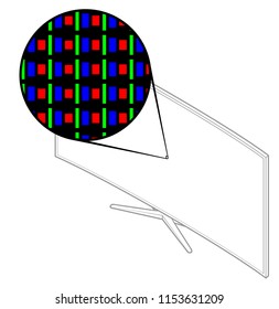 Magnified view showing subpixel arrangement on a flat screen LED television. Geometry: RGB tile with G stripe.