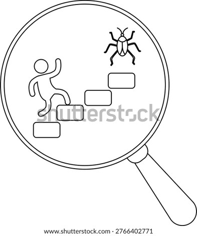 Magnified view Stick figure climbs stairs bug waits above