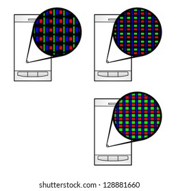 Magnified views showing different subpixel arrangements on LCD screens.