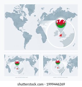 Magnified Wales over Map of the World, 3 versions of the World Map with flag and map of Wales. Vector Illustration.