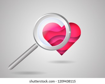 Magnifier with 3d paper cut heart. Cardiogram concept. Vector illustration