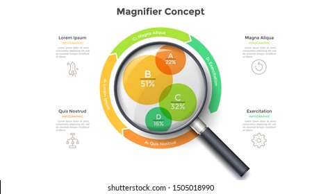 Magnifier with 4 circular bubbles and percentage indication inside. Concept of statistical analysis of business project. Modern infographic design template. Vector illustration for presentation.