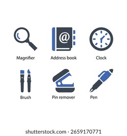 Magnifier, Address book, Clock, Brush, Pin remover, Pen, icon