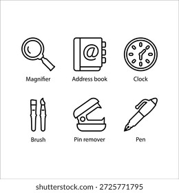 Lupe, Adressbuch, Uhr, Pinsel, Stiftentferner, Stift, Symbol
