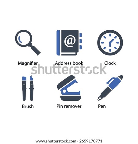 Magnifier, Address book, Clock, Brush, Pin remover, Pen, icon