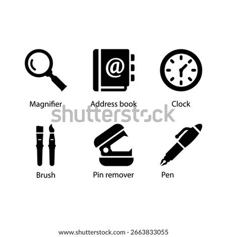 Magnifier, Address book, Clock, Brush, Pin remover, Pen, icon