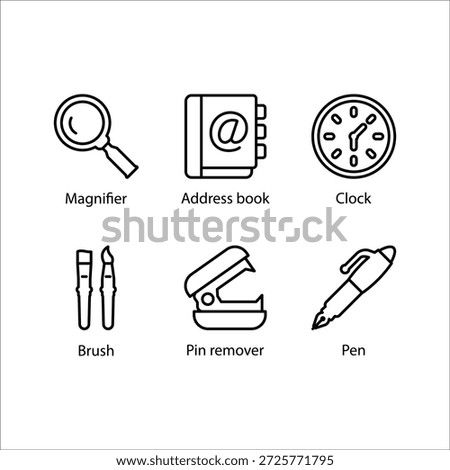 Magnifier, Address book, Clock, Brush, Pin remover, Pen, icon