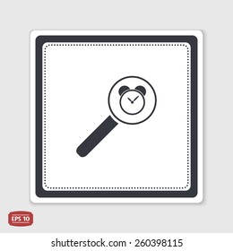 Magnifier with alarm clock icon. Flat design style. Made vector illustrator. Emblem or label with shadow.