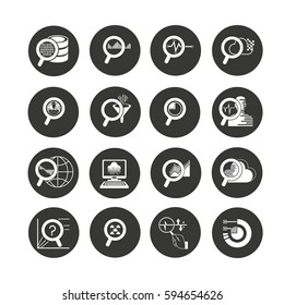 magnifier and analytics icon set in circle buttons