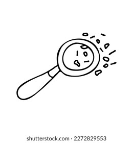 Magnifier. Bacteria, microbes under a magnifying glass. The study of viruses, microorganisms in microbiology. Doodle. Vector illustration. Hand drawn. Outline.