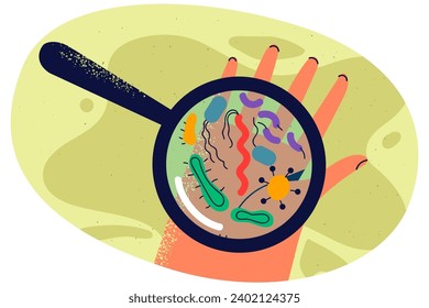 Magnifier mit Bakterien zur Verfügung. Vergrößernde Glaszoommikroben auf der Handfläche. Gesundheit und Medizin. Vektorgrafik.