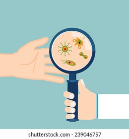 Magnifier and bacteria on human palm