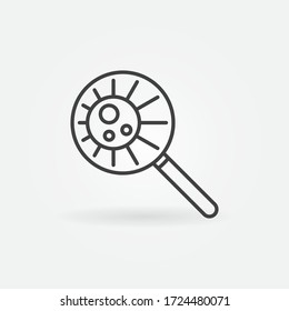 Ampliador con icono de contorno de bacterias. Microorganismo vectorial bajo símbolo lineal del concepto de ciencia del vidrio de aumento