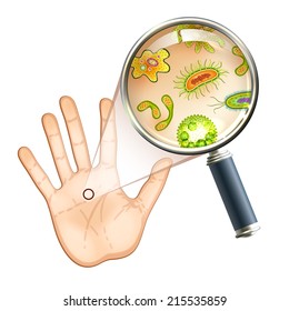 Magnifier and bacteria and virus cells on human palm vector illustration.