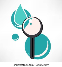 Magnifier and bacteria and virus cells in water drop vector illustration