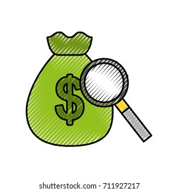 magnifier with bag of money banking icon