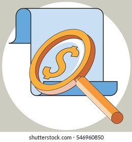 Magnifier and Bill Payment. Vector flat illustration